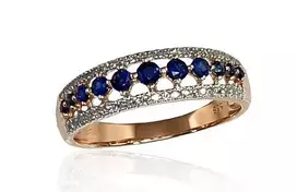 Auksinis žiedas su brangakmeniais. Metalas: Raudonas Auksas. Praba: 585°. Akmuo: Briliantai , Safyras - 18 - 2.37 g. - Briliantai (0,137Ct), Safyras (0,38Ct)