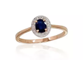 Auksinis žiedas su brangakmeniais. Metalas: Raudonas Auksas. Praba: 585°. Akmuo: Briliantai , Safyras - 16 - 1.62 g. - Briliantai (0,04Ct), Safyras (0,381Ct)