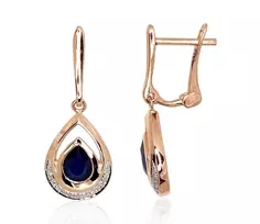 Auksiniai auskarai anglišku užsegimu, Raudonas Auksas, Briliantai , Safyras - 2.93 g. - 24 mm. - Briliantai (0,055Ct), Safyras (0,73Ct)