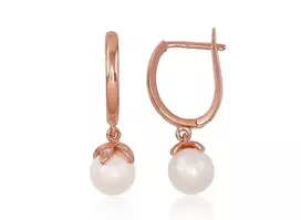 Auksiniai auskarai anglišku užsegimu, Raudonas Auksas, Cirkonai , Perlai - 1.9 g. - 25 mm.
