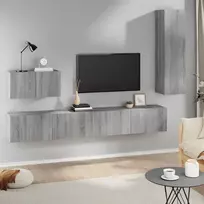 TV staliukas TV spintelių komplektas, 4 dalių, pilkas ąžuolo, mediena