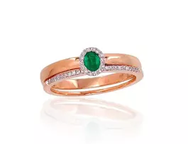 Auksinis žiedas su brangakmeniais. Metalas: Raudonas Auksas. Praba: 585°. Akmuo: Briliantai , Smaragdas - 18.5 - 3.18 g. - Briliantai (0,101Ct), Smaragdas (0,161Ct)
