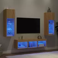 TV staliukas Sieninė TV sekcija su LED, 5 dalių, ąžuolo, apdirbta mediena