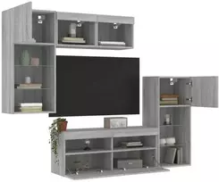 TV staliukas Sieninė TV sekcija su LED, 5 dalių, pilka ąžuolo, mediena