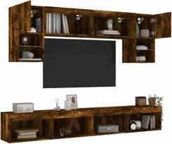 TV staliukas Sieninė TV sekcija su LED, 6 dalių, dūminio ąžuolo, mediena
