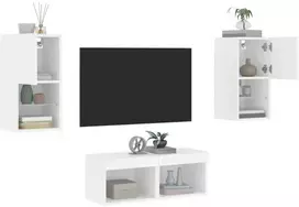 TV staliukas Sieninės TV spintelės su LED lemputėmis, 4 dalių, baltos