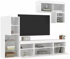 TV staliukas Sieninė TV sekcija su LED, 6 dalių, balta, apdirbta mediena