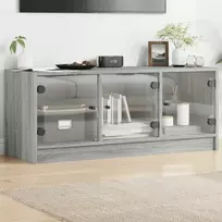 TV staliukas TV spintelė su stiklinėmis durelėmis, pilka ąžuolo, 102x37x42cm