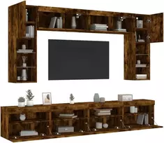 TV staliukas Sieninės TV spintelės su LED lemputėmis, 8vnt., dūminės ąžuolo