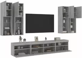 TV staliukas Sieninės TV spintelės su LED lemputėmis, 7vnt., pilkos ąžuolo