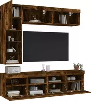 TV staliukas Sieninės TV spintelės su LED lemputėmis, 7vnt., dūminės ąžuolo
