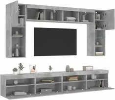 TV staliukas Sieninės TV spintelės su LED lemputėmis, 8vnt., betono pilkos