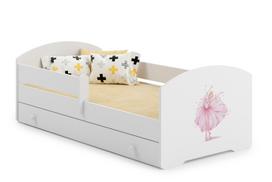 Vaikiška lova LUK 160x80 su barjeru, stalčiumi ir su grafika - Balerina su karūna
