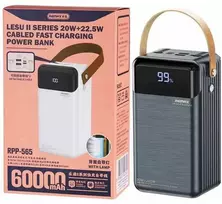 Išorinė baterija (Powerbank) REMAX RPP-565 60000mAh su įmontuotais kabeliais ir LED šviestuvu, pilka