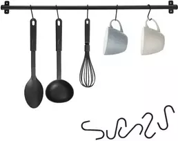Pakabos bėgelis, virtuvės bėgelis indams, metalinis, juodas, kabliukai, 78,5 cm
