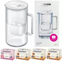 Aquaphor Glass, stiklinis 2,5 l filtravimo ąsotis su 4vnt kasečių (1Mg+3H), baltas