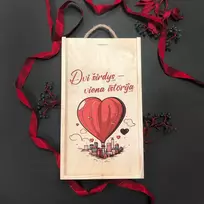 Medinė dviejų butelių dėžė "Dvi širdys - viena istorija"