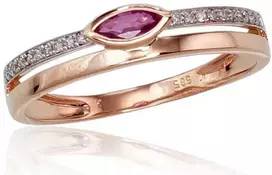 Auksinis žiedas su brangakmeniais. Metalas: Raudonas Auksas. Praba: 585°. Akmuo: Briliantai , Rubinas - 18 - 1.68 g. - Briliantai (0,056Ct), Rubinas (0,183Ct)