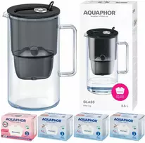 Aquaphor Glass 2,5 l stiklinis filtravimo ąsotis + 4 Maxfor filtrų (1Mg+3), juodas