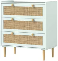 HOMCOM Komoda šoninė spintelė su 3 stalčiais, boho stiliaus, rotango išvaizdos, stalčių komoda svetainei, miegamajam, šviesiai mėlyna 80 x 40 x 87,5 cm