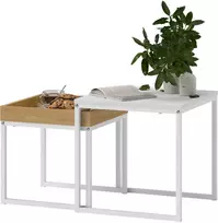 HOMCOM 2 žurnalinių staliukų rinkinys, kampinis staliukas, staliukas su plieniniu rėmu, modernaus dizaino sofos staliukas, skirtas svetainei, pakraunamas iki 30 kg, baltas + ąžuolas