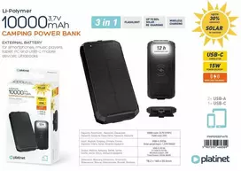 Išorinė baterija POWER BANK Platinet SOLAR 10000mAh (2xUSB; 1xUSB-C; 3A) juoda