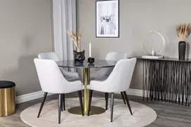 Venture Design Valgomasis stalas, Estelle apvalus, ø106xA75 cm, Juodas / Valgomasis kėdė, Plaza, 58x86x49 cm, Šviesiai pilka