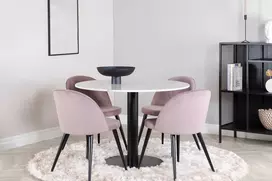 Venture Design Valgomojo stalo komplektas, Estelle ir aksominis, ø106xH75 cm, Juoda/Balta marmuras ir Rožinė