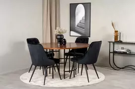Venture Design Valgomojo stalas, Kopenhaga, ⌀140 cm, Ruda / Valgomasis kėdė, Veltinė prabanga, 66x88.5x50 cm, Juoda