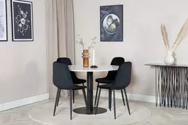 Venture Design Valgomojo stalas, Estelle, ø106 A75 cm, Balta / Valgomasis kėdė, Polar, 52x86x44 cm, Juoda