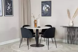 Venture Design Valgomojo stalas, Estelle, ø106x75 cm, Balta / Valgomasis kėdė, Raukšlės, 50x79.5x49 cm, Juoda