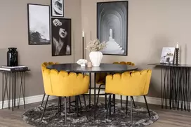 Venture Design Valgomasis stalas, Kopenhaga, ⌀140 cm, Juodas / Kėdė, Limhamn, 54x76x61 cm, Aukso velvetas