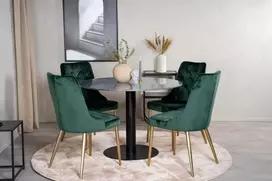 Venture Design Valgomojo stalas ir kėdžių komplektas, Estelle ir aksominis, ø106xA75 cm ir 66x88.5x50 cm, Juoda ir samaninė.