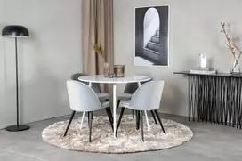Venture Design Apskritas stalas, Plaza, 100 cm, Balta+Valgomasis kėdė, Sametas, 57x76.5x50 cm, Šviesiai pilka