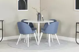 Venture Design Valgomojo stalas, Plaza, 100 cm, Balta + Valgomasis kėdė, Velvetas, 57x76.5x50 cm, Mėlyna