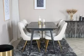 Venture Design Valgomojo stalas su kėdėmis, auksinis pratęsimas ir aksomo audinio prabanga, 180x85 cm ir 88.5x50 cm, bežinis ir juodas