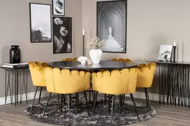 Venture Design Valgomasis stalas, Kopenhaga, ⌀140 cm, juodas / Kėdė, Limhamn, 54x76x61 cm, aukso velvetas