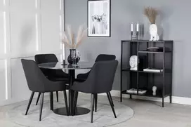 Venture Design Valgomojo stalas, Estelle, ø106 A75 cm, Juodas / Valgomasis kėdė, Plaza, 58x86x49 cm, Juoda