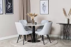 Venture Design Valgomasis stalas, Estelle, ø106x75 cm, Balta / Valgomasis kėdė, Velvet Deluxe, 66x88.5x50 cm, Šviesiai pilka