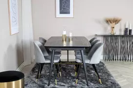 Venture Design Valgomasis stalas, aukso pratęsimas, 180x85x76 cm, juodas + Valgomasis kėdė, aksomas, 57x76.5x50 cm, šviesiai pilka