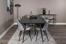 Venture Design Ištraukiamas stalas, auksinis, 180x85 cm, juodas + Veltinio valgomasis kėdė, šviesiai pilka, 76.5x50 cm, juoda