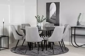 Venture Design Valgomasis stalas, Kopenhaga, ⌀140 cm, Juodas / Valgomasis kėdė, Velvečiaus prabanga, 66x88.5x50 cm, Šviesiai pilka