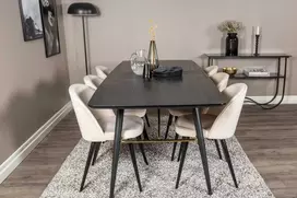Venture Design Valgomasis stalas ir kėdžių komplektas, auksinė pratęsimo funkcija ir aksomo audinys, 180x85x76 cm, juoda ir beždžio spalvos
