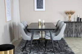 Venture Design Valgomojo stalas, auksinė išplėtimas, 180x85 cm, juodas, Valgomasis kėdė, Veltinio prabanga, 88.5x50 cm, šviesiai pilka