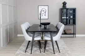 Venture Design Valgomasis stalas ir kėdės rinkinys, aukso plėtinys ir veltinio prabanga, 76x180x85 cm, juoda ir šviesiai pilka