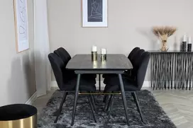 Venture Design Valgomasis stalas ir kėdžių komplektas, auksinis pratęsimas ir Gemma, stalas: 180x85x76 cm Kėdė: 90x50x63 cm, juoda