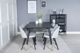Venture Design Valgomojo stalas, Dipp, 180x90 cm, Juodas / Valgomasis kėdė, Velvečia, Juodos kojos, Šviesiai pilka
