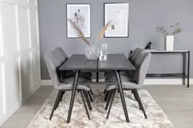 Venture Design Valgomasis stalas, Stilingas ištraukiamas stalas, 75x195x95 cm, Juodas ir Valgomasis kėdė, Gemma, 63x90x50 cm, Pilka