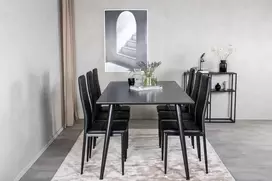 Venture Design Valgomasis stalas, Dipp, 180x90 cm, Juoda furniruota medžio drobė / Valgomasis kėdė, Plonas aukštas atlošas, 98x42 cm, Juoda