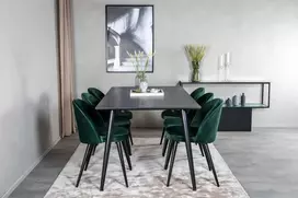 Venture Design Valgomojo stalas, Dipp, 180x90 cm, Juodas / Valgomasis kėdė, Samtinė, Žalia